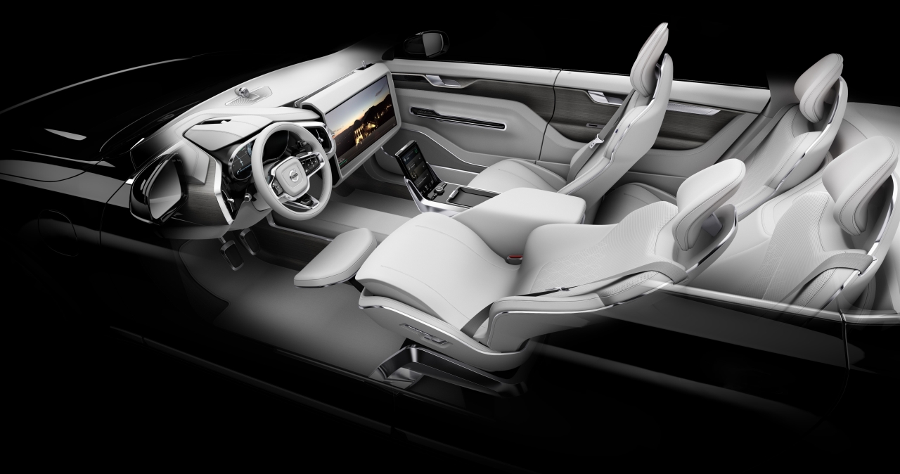 Volvo Concept 26 laat zien hoe het interieur van de zelfrijdende auto zich aanpast aan de rijmodus. De autonoom rijdende auto maakt van een auto-interieur en lounge.