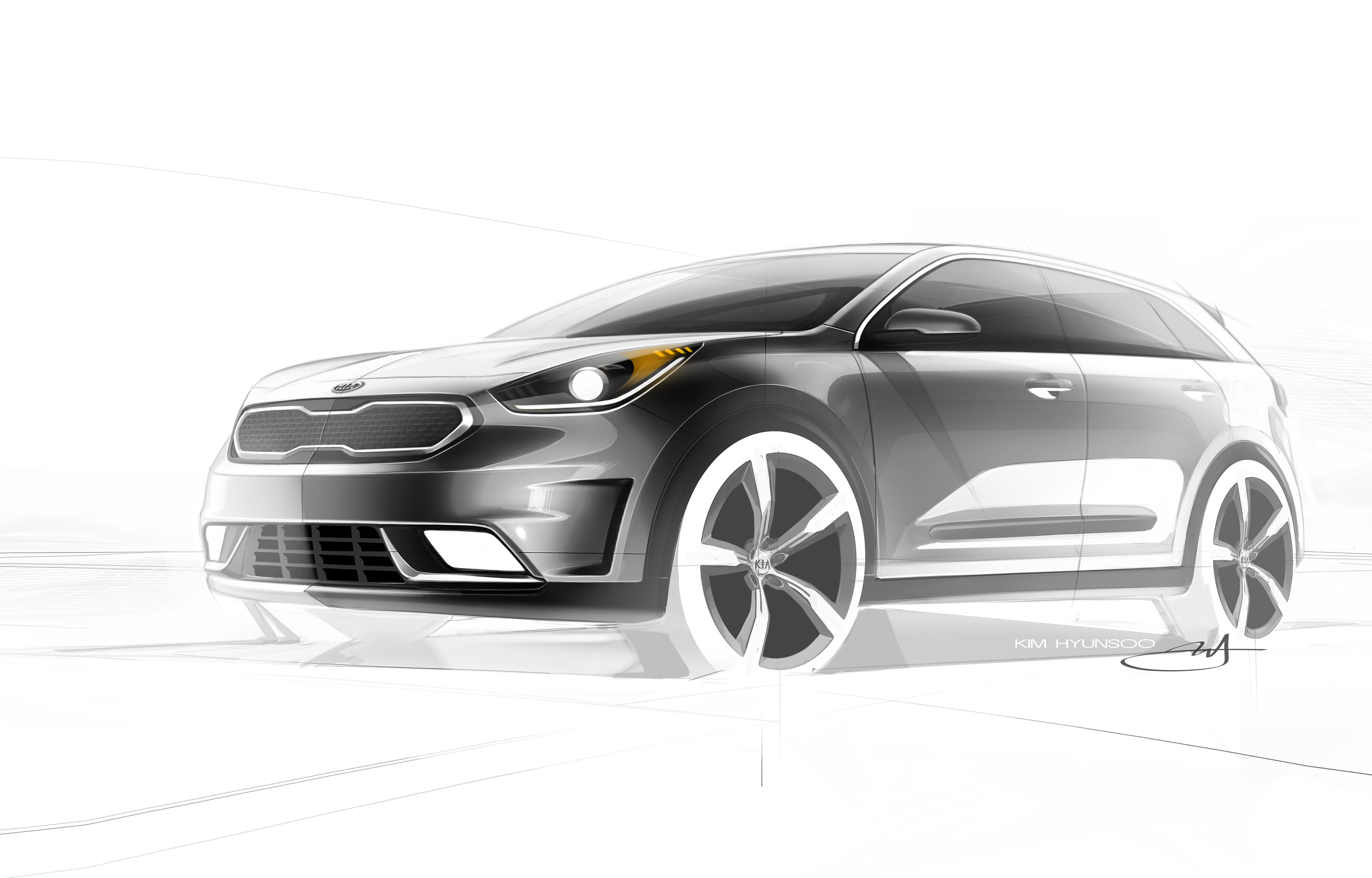 Kia Niro HUV crossover is aangekondigd op schets. Medio 2016 wordt de hybride Kia onthuld en komt hij ook naar Nederland.