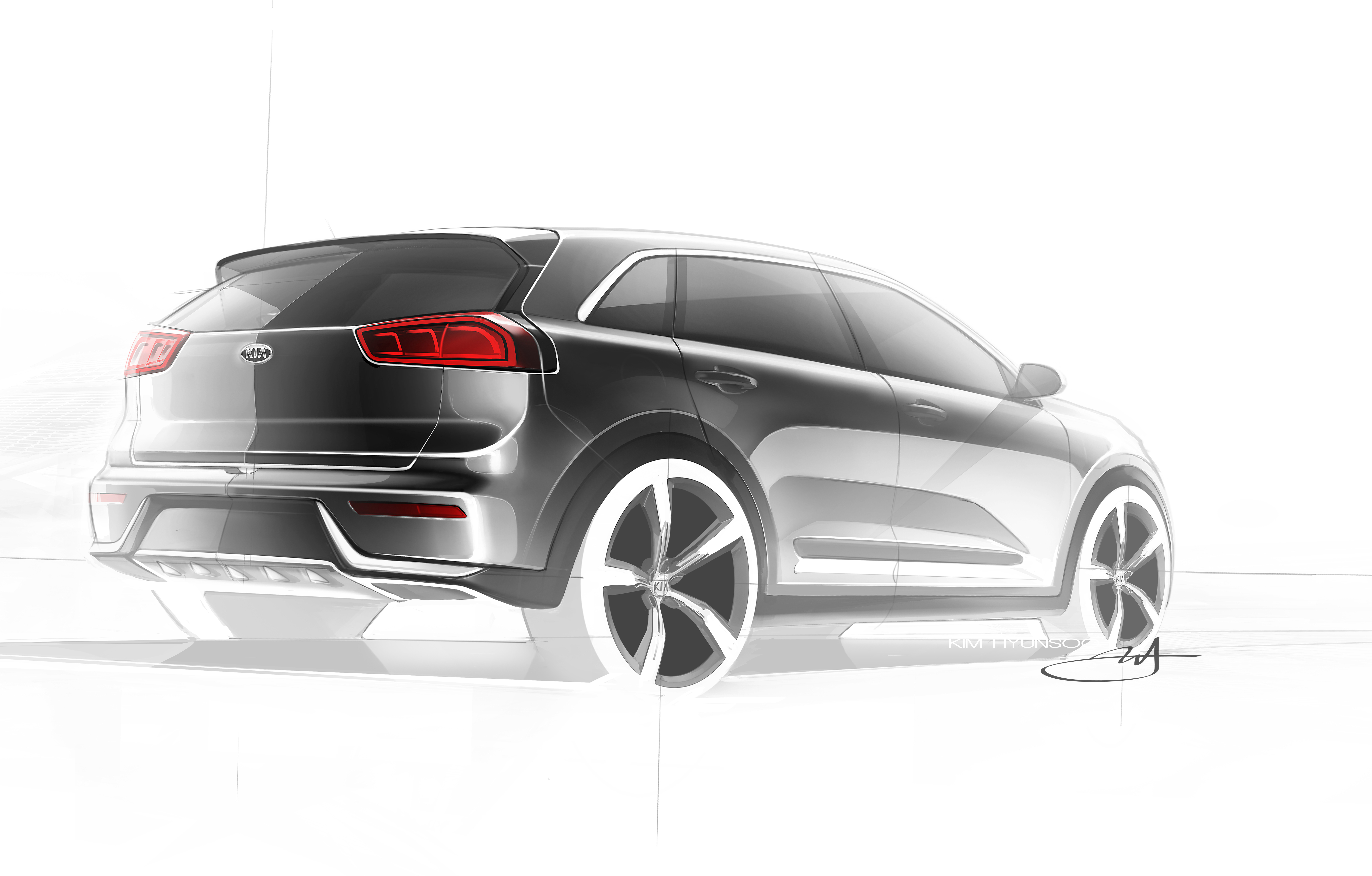 Kia Niro HUV crossover is aangekondigd op schets. Medio 2016 wordt de hybride Kia onthuld en komt hij ook naar Nederland.