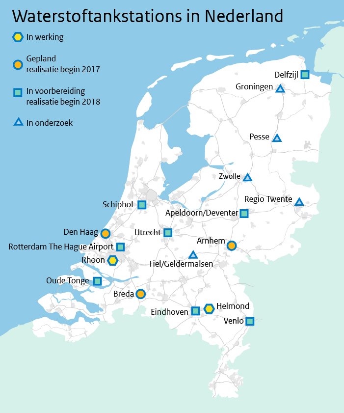Nederland breidt het netwerk waterstoftankstations de komende jaren flink uit. Waterstofauto's kunnen in 2018 bij 16 tankstations tanken. In 2020 telt ons land twintig waterstoftankstations.