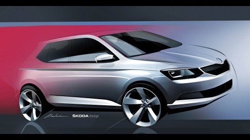 Schets is eerste teken van leven nieuwe Skoda Fabia, die op de Autosalon van Parijs 2014 wordt onthuld.