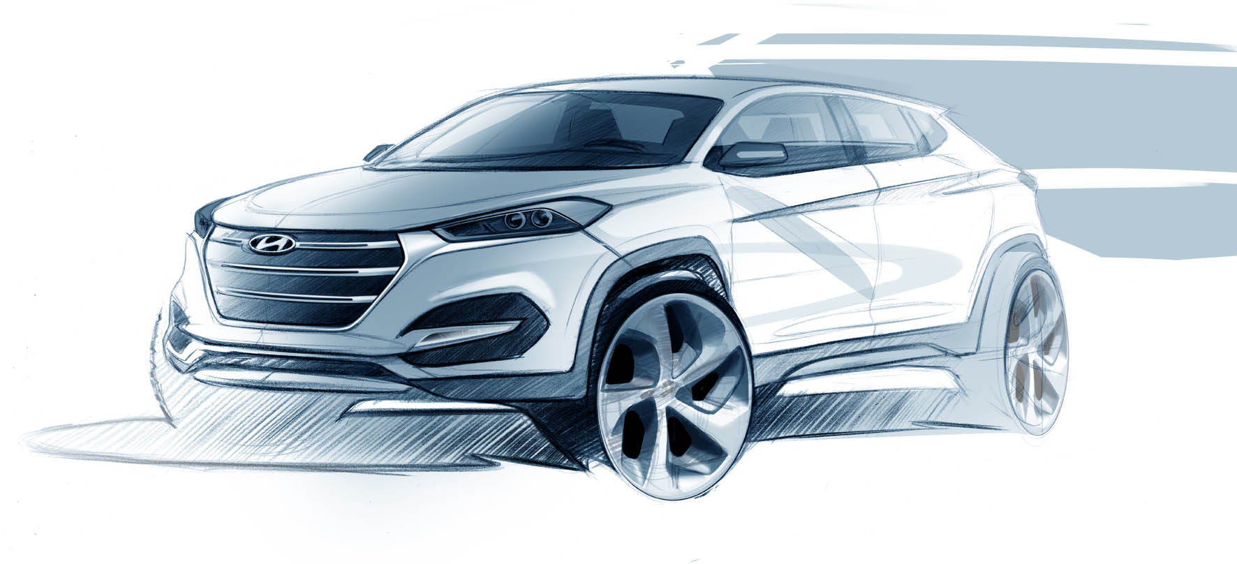 Preview met eerste designschetsen Hyundai Tuscon 2015, de opvolger van de ix35 SUV die op de Autosalon van Geneve zijn debuut maakt.