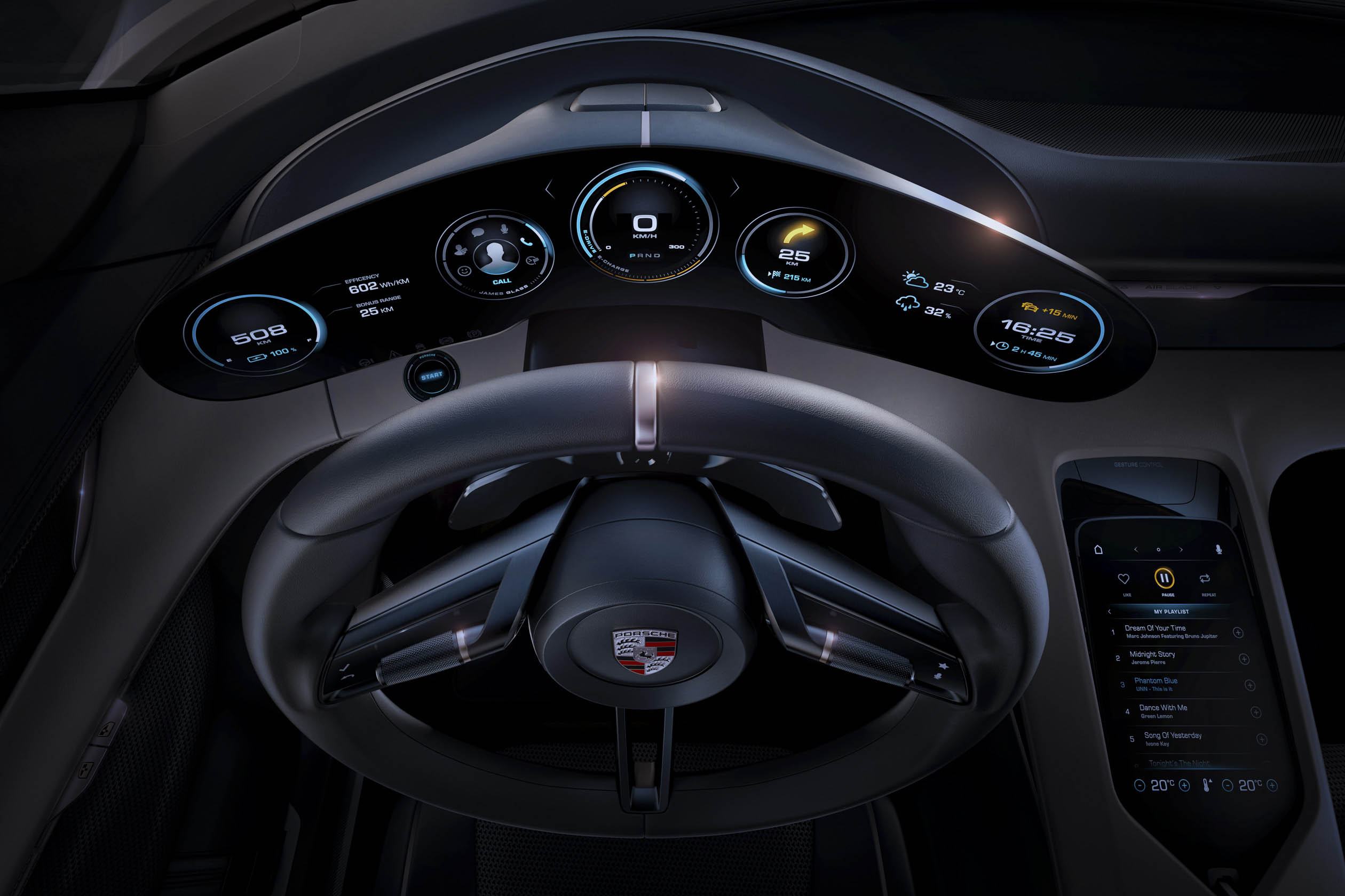 De volledig elektrische sportwagen van Porsche is de Mission E concept, een studiemodel met 600 pk, 500 kilometer actieradius en Porsche Turbo Charging.