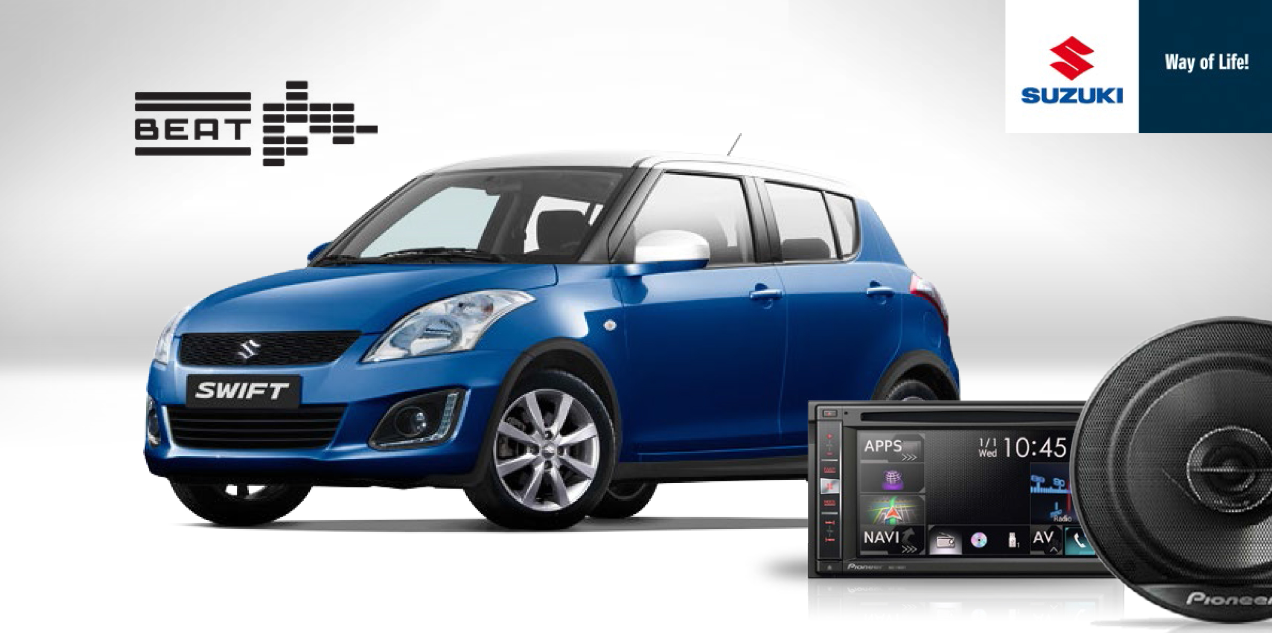 Suzuki Swift Beat actiemodel met Pioneer audio en subwoofer.