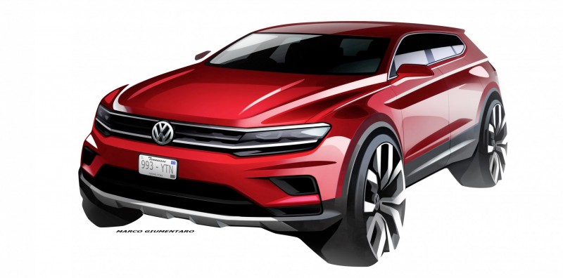 Volkswagen geeft met deze schetsen alvast een opwarmertje voor de verlengde Tiguan, de Allspace, die het merk op de autoshow van Detroit zal presenteren.