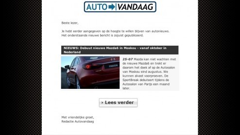 Stel je bent helemaal fan van Mazda en je wilt al helemaal niets missen van de Mazda6. Met behulp van onze automatische nieuwsnotificatie blijf je altijd op de hoogte van onze berichtgeving over je fa