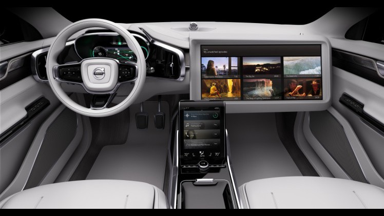 Volvo Concept 26 laat zien hoe het interieur van de zelfrijdende auto zich aanpast aan de rijmodus. De autonoom rijdende auto maakt van een auto-interieur en lounge.