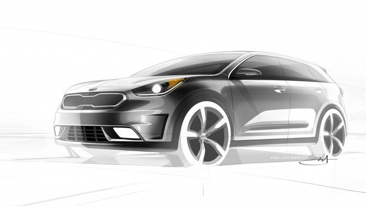 Kia Niro HUV crossover is aangekondigd op schets. Medio 2016 wordt de hybride Kia onthuld en komt hij ook naar Nederland.