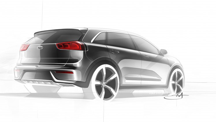 Kia Niro HUV crossover is aangekondigd op schets. Medio 2016 wordt de hybride Kia onthuld en komt hij ook naar Nederland.