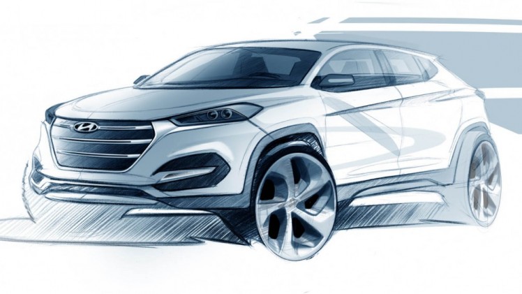 Preview met eerste designschetsen Hyundai Tuscon 2015, de opvolger van de ix35 SUV die op de Autosalon van Geneve zijn debuut maakt.