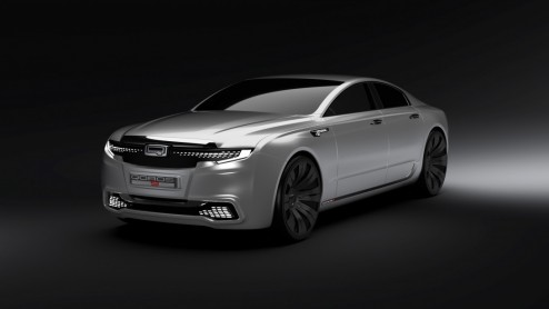 Student ontwerpt Qoros 9 Sedan Concept, een 1 op 4.5 kleimodel.