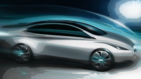 Deze schets van Infiniti belooft veel moois. De Japanners gaan namelijk op de elektro-toer en deze teaser toont het eerste resultaat van een elektrisch aangedreven model dat in 2013 op de markt komt.